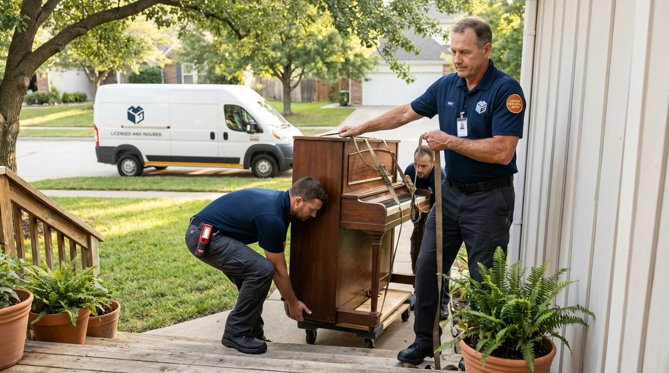 Licensed piano movers securing grand piano in Harrisburg, NC